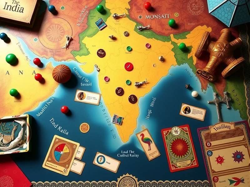 Monsoon Magnate game components including tokens, cards, and player mats with traditional Indian designs